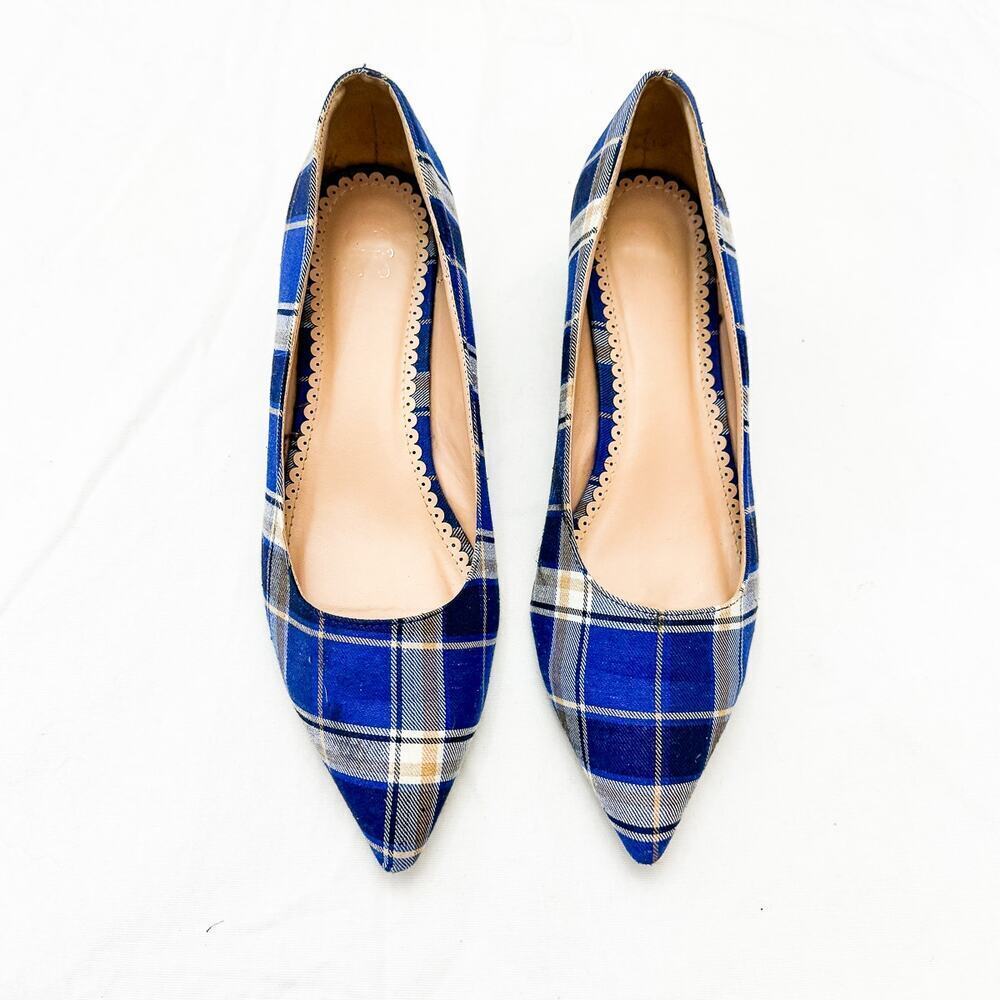Juicy Couture Plaid Pointy Toe Blue Tartan Patterned Kitten Heel Shoes Size 10